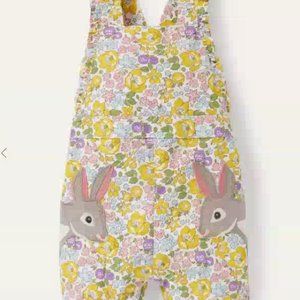 Baby Boden Appliqué Overalls in Cool Violet Floral Bunnies Color